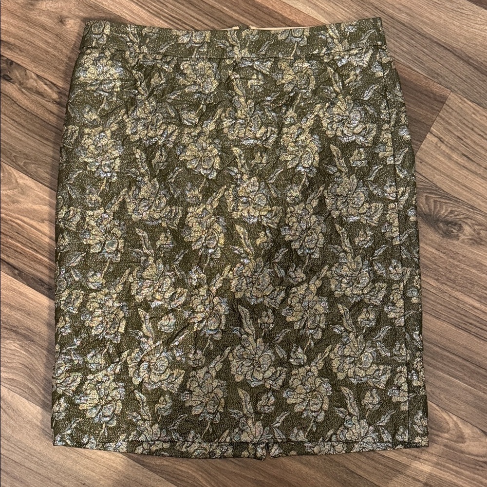 J. Crew Olive and Gold Floral Jacquard Pencil Skirt